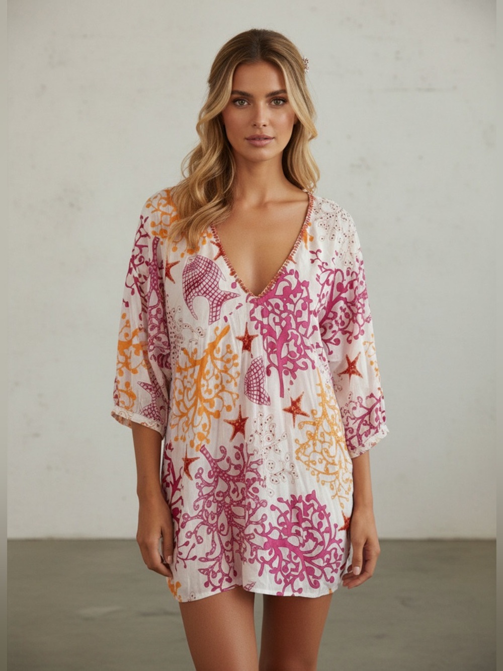 🌴 Blue Island Coral & Fish Print Swim Coverup Tunic 🌴